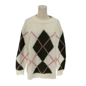 Massimo Dutti Sweater Cream Argyle Wool Mohair Blend Made in Italy Large
